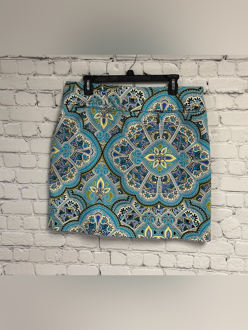 East 5th Teal Blue Cream Mini Skirt with Medallion Print